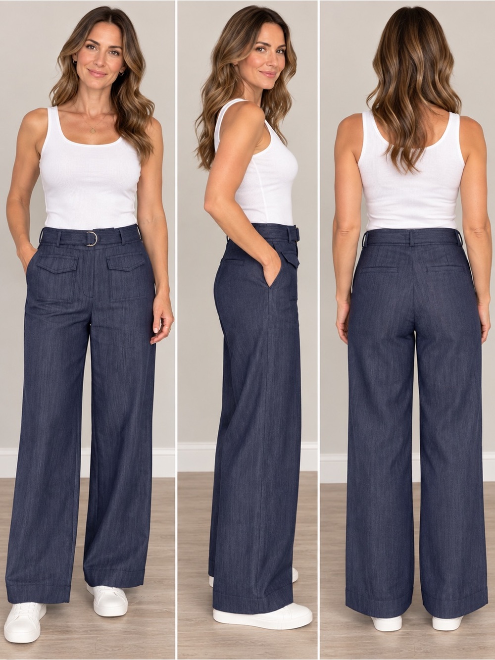 LOFT The Palmer Navy Wide-Leg High Waist CURVY Pants with Belt Size 4P NWTS